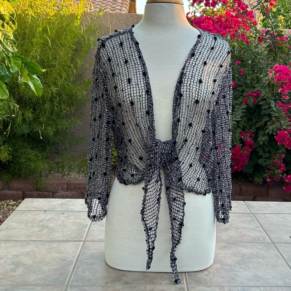 Vejaiz Designs Front Tie Open Knit Sequin Light Cover Up